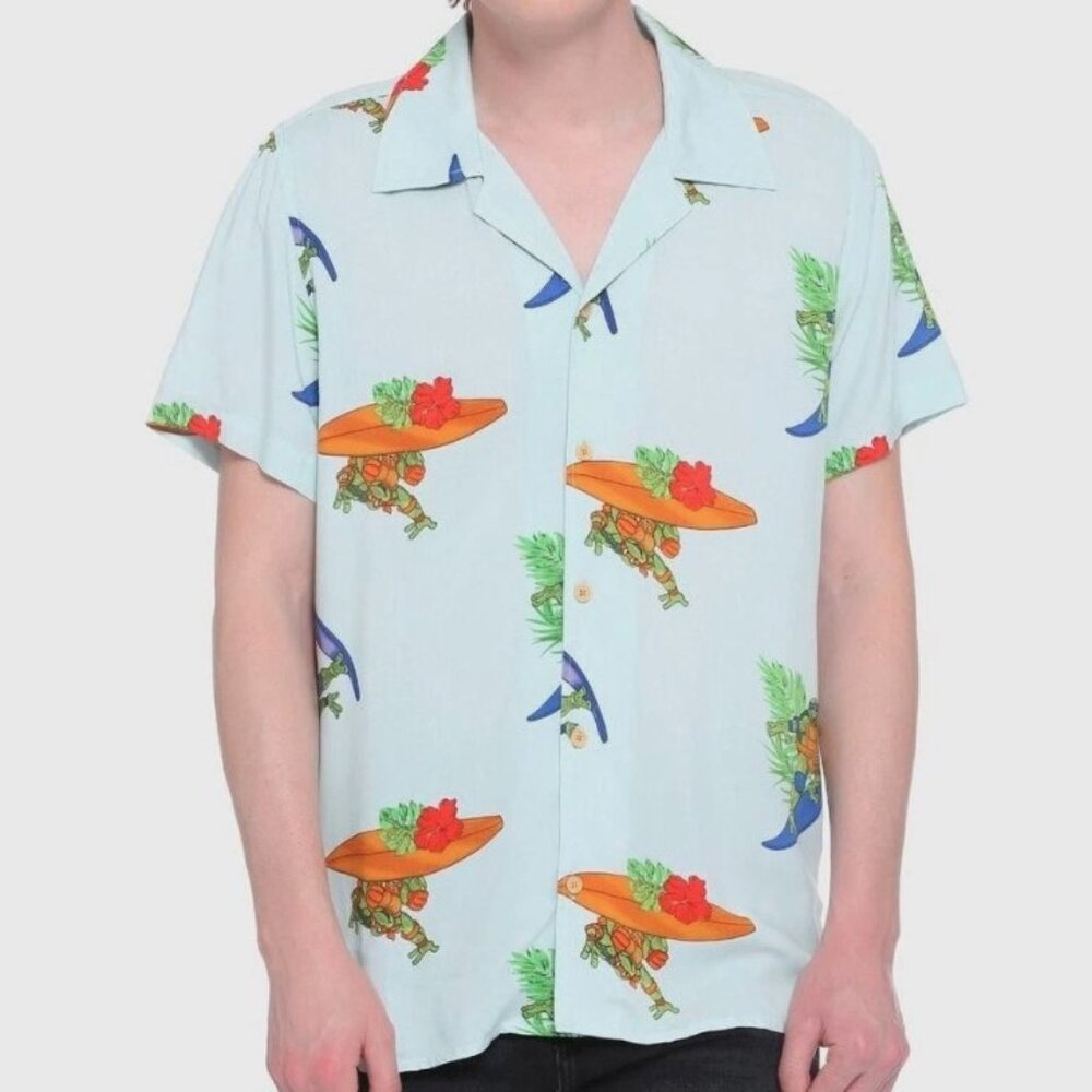 Teenage Mutant Ninja Turtles Surf Woven Blue Button Up Shirt Mens Medium NWT